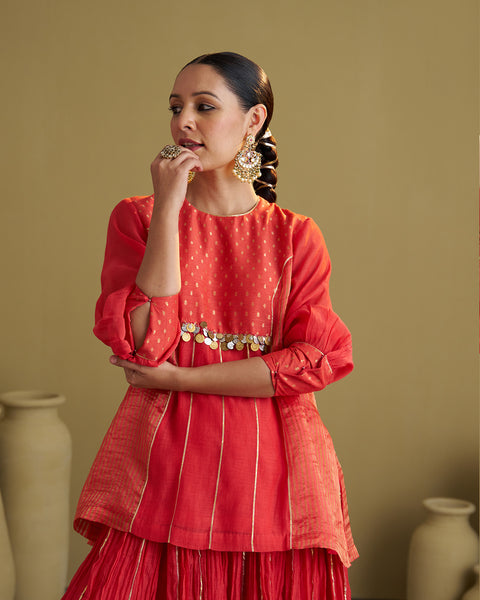 The Alta Red Silk Chanderi & Banarasi Top with Handwork