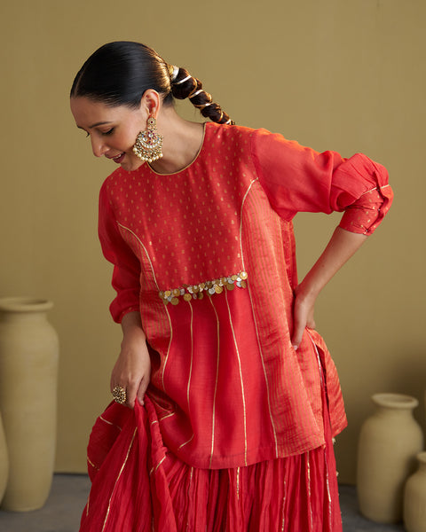 The Alta Red Silk Chanderi & Banarasi Top with Handwork