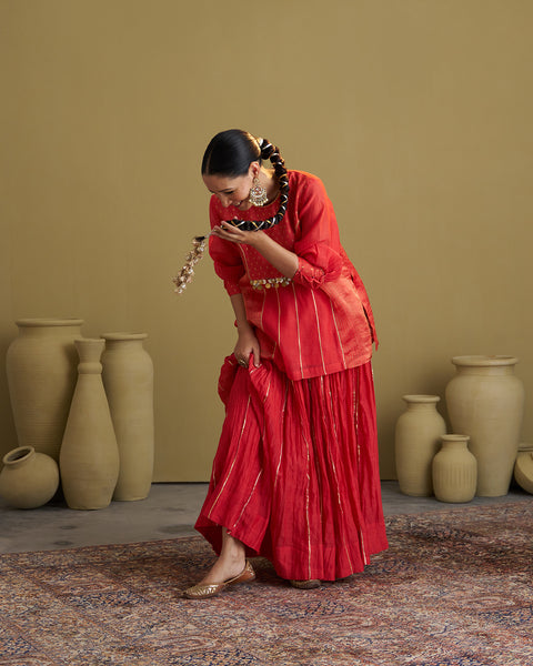 The Alta Red Crushed Chanderi Lehenga with Gota & Handmade Tassels