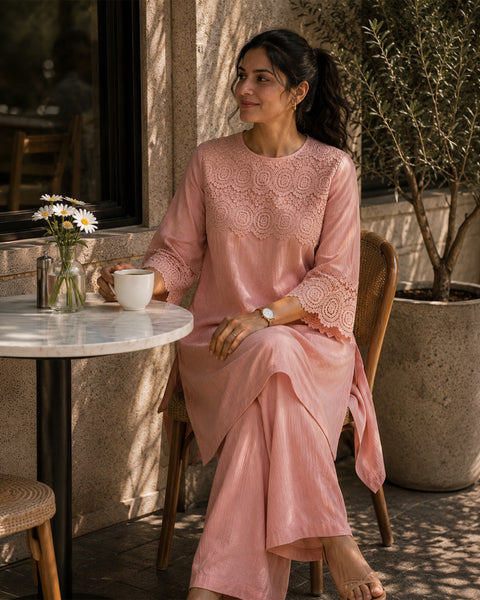 Rose Pink Mul Chanderi & Lace Set
