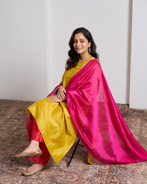 Rani Pink Silk Chanderi Dupatta With Handmade Tassels