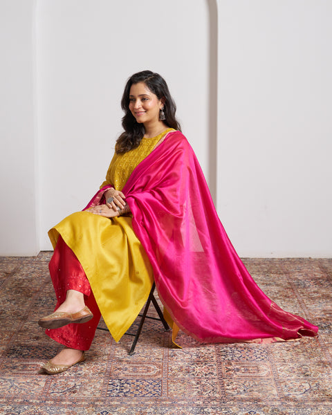 Rani Pink Silk Chanderi Dupatta With Handmade Tassels