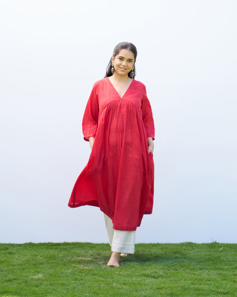 Red Pure Mul Kurta