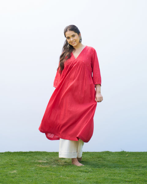 Red Pure Mul Kurta