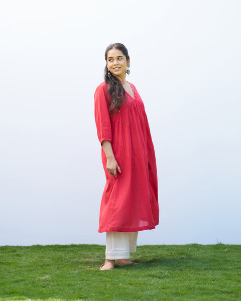 Red Pure Mul Kurta