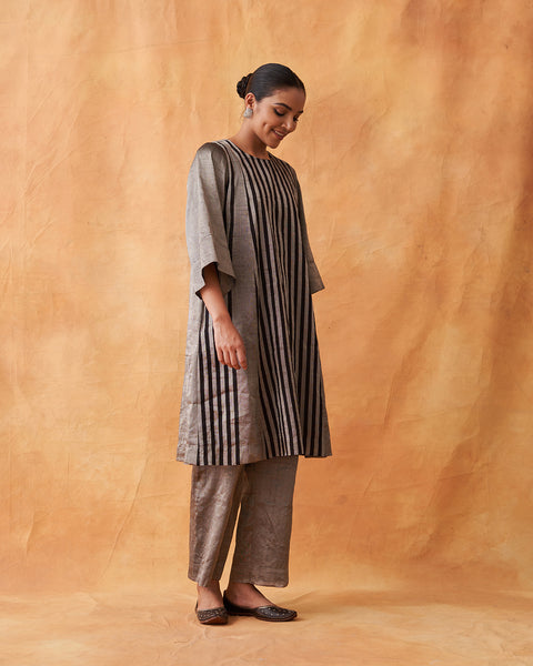 The Raatrani Silver & Black Striped Silk Tissue Chanderi Set