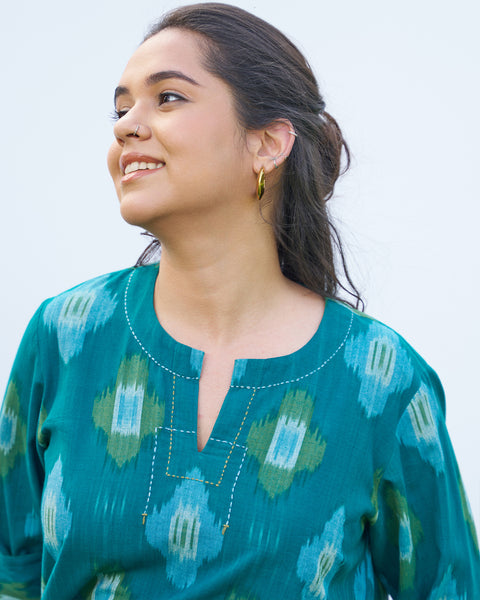 Teal Handwoven Ikat Kurta