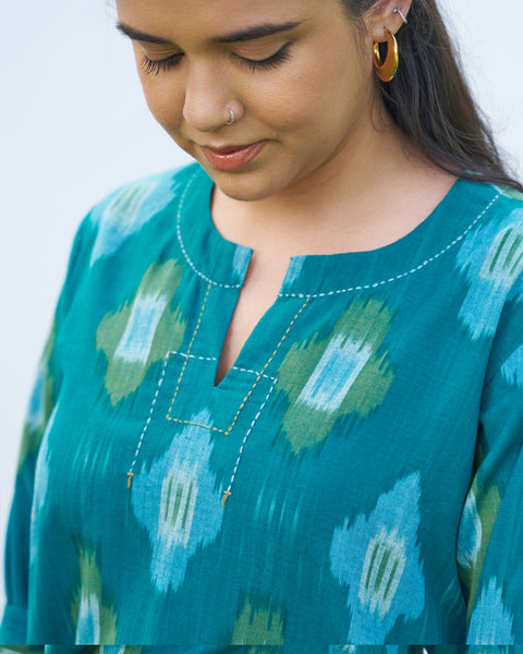 Teal Handwoven Ikat Kurta