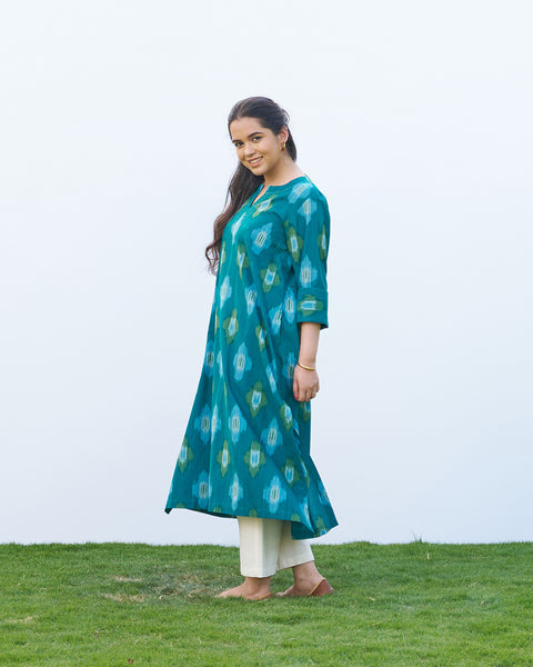 Teal Handwoven Ikat Kurta