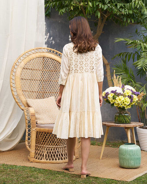 Ivory Pure Mul Layered Dress with Lace Yoke