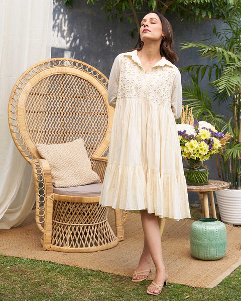 Ivory Pure Mul Layered Dress with Lace Yoke