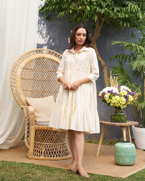 Ivory Pure Mul Layered Dress with Lace Yoke