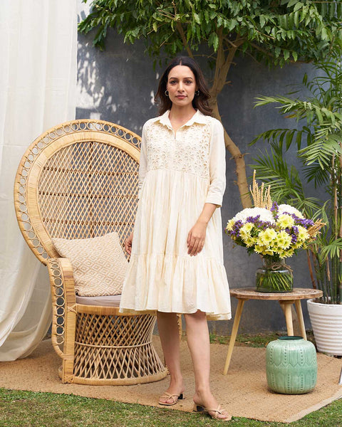 Ivory Pure Mul Layered Dress with Lace Yoke