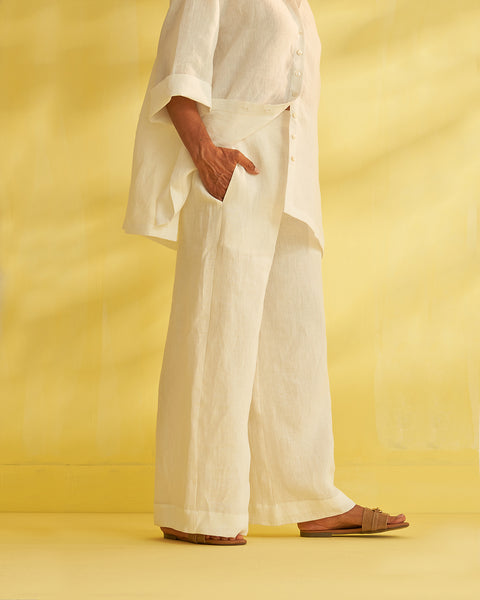 Ivory White Pure Linen Flared Pants