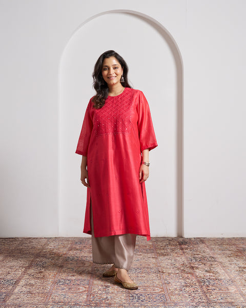 Watermelon Red Silk Chanderi Kurta with Handwork