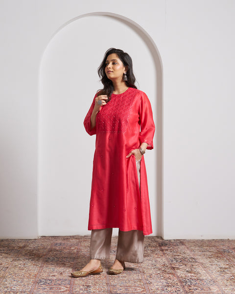 Watermelon Red Silk Chanderi Kurta with Handwork