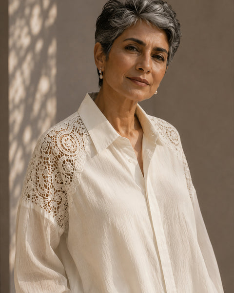 Off-White Mul Chanderi & Lace Shirt