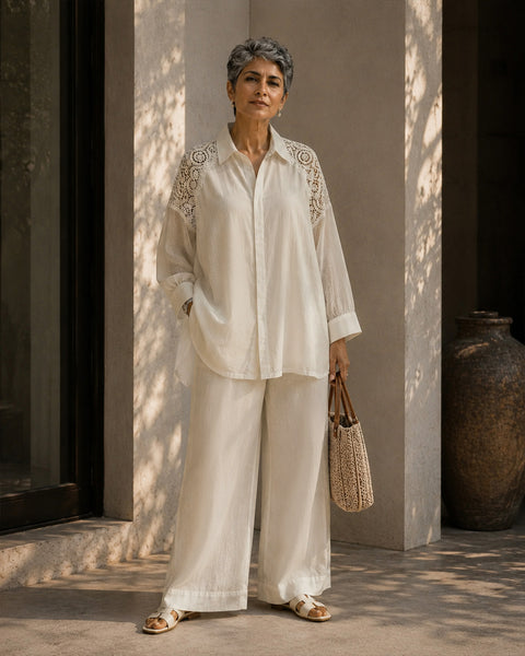 Off-White Mul Chanderi & Lace Shirt