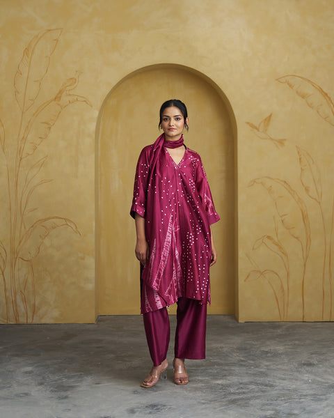 The Wine Bandhani Silk Chanderi Set