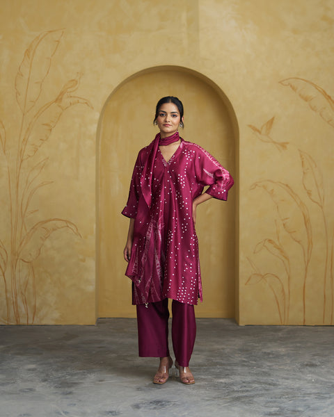 The Wine Bandhani Silk Chanderi Set