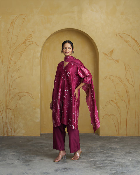 The Wine Bandhani Silk Chanderi Set