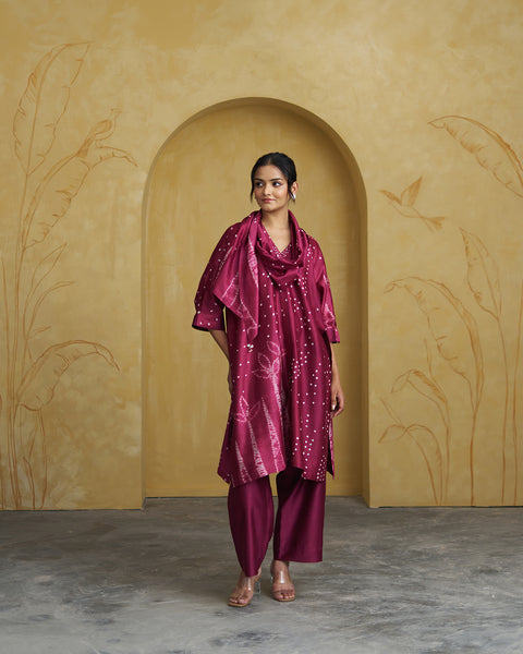 The Wine Bandhani Silk Chanderi Set