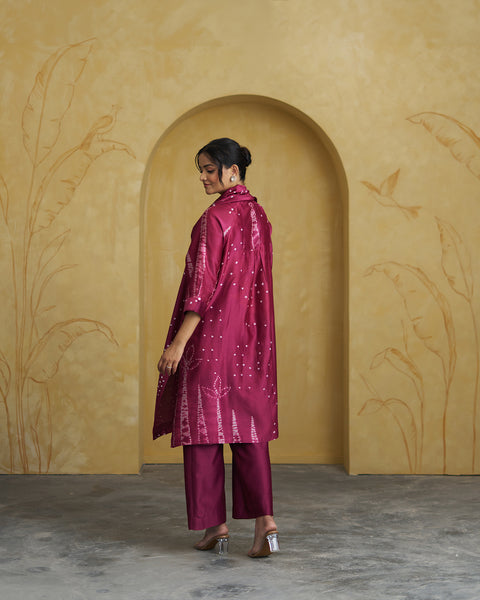 The Wine Bandhani Silk Chanderi Set