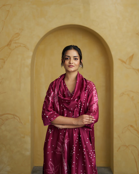 The Wine Bandhani Silk Chanderi Set