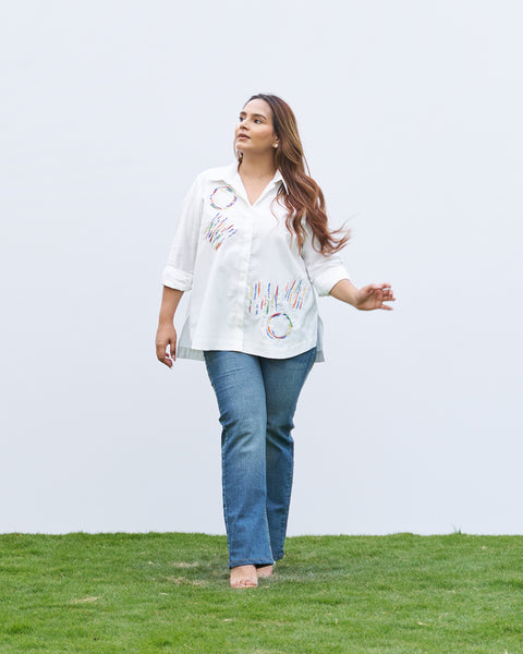 The All-Day White Scribble Shirt - Rainbow