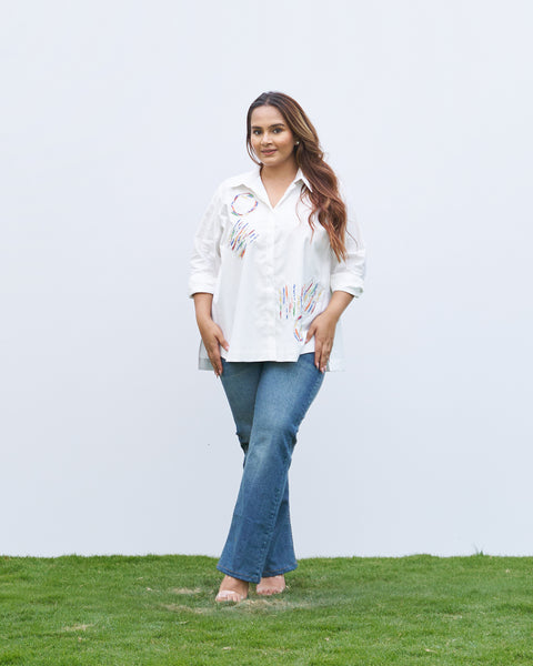 The All-Day White Scribble Shirt - Rainbow