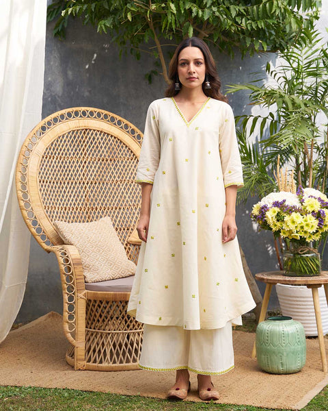 Lime Yellow & Ivory Pure Cotton Set with Embroidery