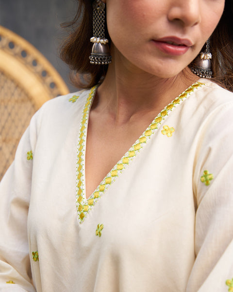 Lime Yellow & Ivory Pure Cotton Set with Embroidery