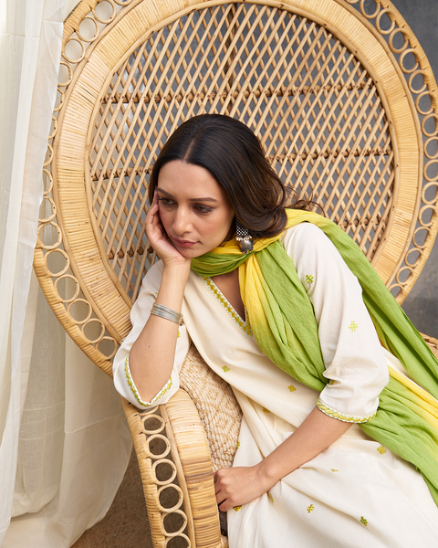 Lime Yellow & Ivory Pure Cotton Set with Embroidery