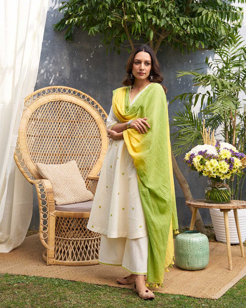 Lime Yellow & Ivory Pure Cotton Set with Embroidery