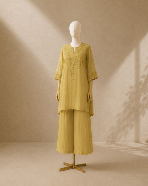 Butter Yellow Mul Chanderi & Lace Set