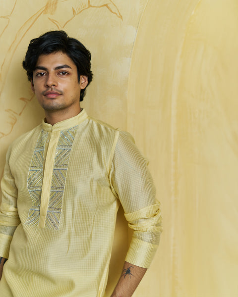 Light Yellow Chanderi Kurta(Men)