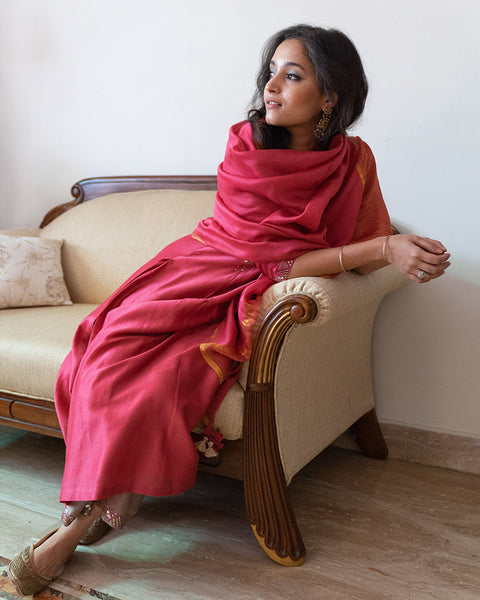 Apple Red & Ash Grey Silk Chanderi Gota Patti & Resham Handwork Ensemble