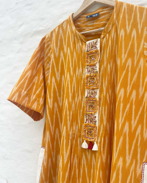 Sun Yellow Handwoven Ikat Kurta with Cut-Fray Handwork